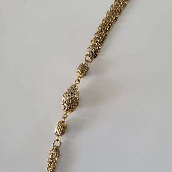 Vintage Long Gold Tone Chain Necklace With Filigree Beads And Textured Elegant - Picture 3 of 10
